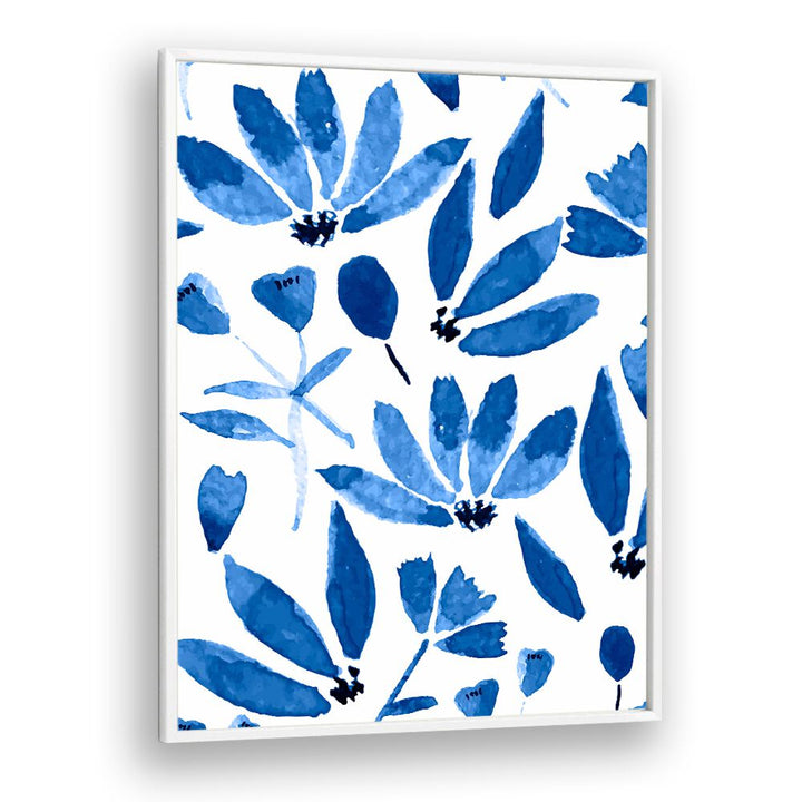Stylish BLUE FLOWERS, FLORAL FLOWER PAINTINGS in a white frame, perfect for enhancing any space with nature's beauty.