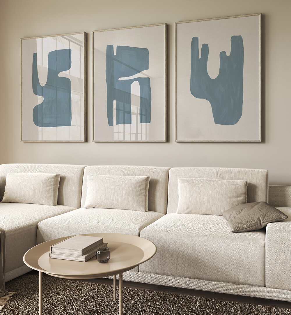 Transform your space with the BLUE GEOMETRICAL ABSTRACT, SET OF 3 PAINTINGS, perfect for modern home décor.