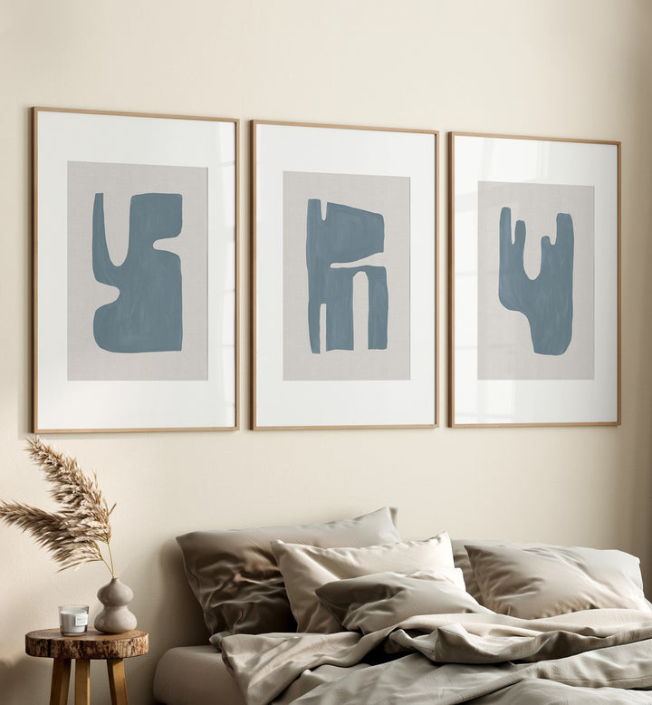 Stunning BLUE GEOMETRICAL ABSTRACT, SET OF 3 PAINTINGS, perfect for modern home décor and sophisticated interiors.