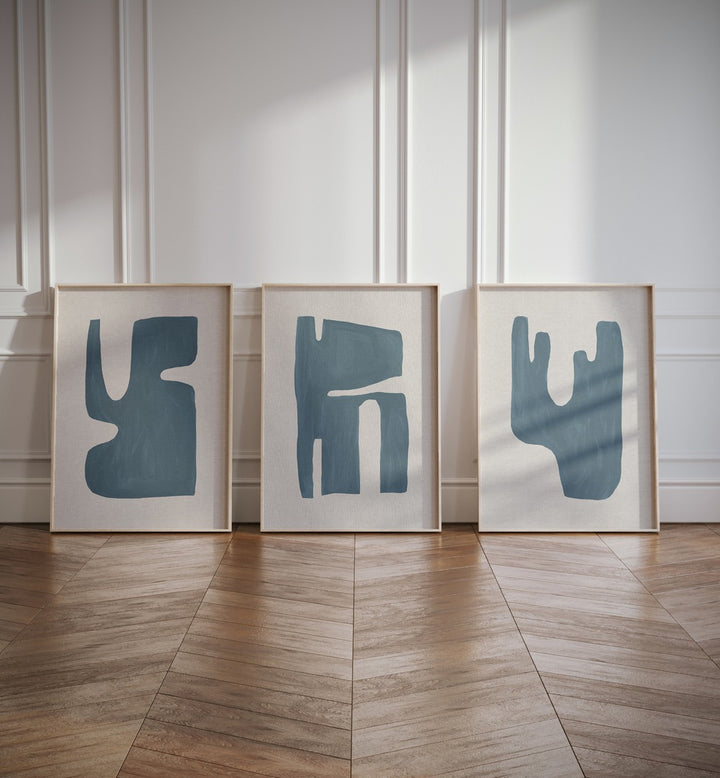 Transform your space with the BLUE GEOMETRICAL ABSTRACT, SET OF 3 PAINTINGS, showcasing modern geometric designs.