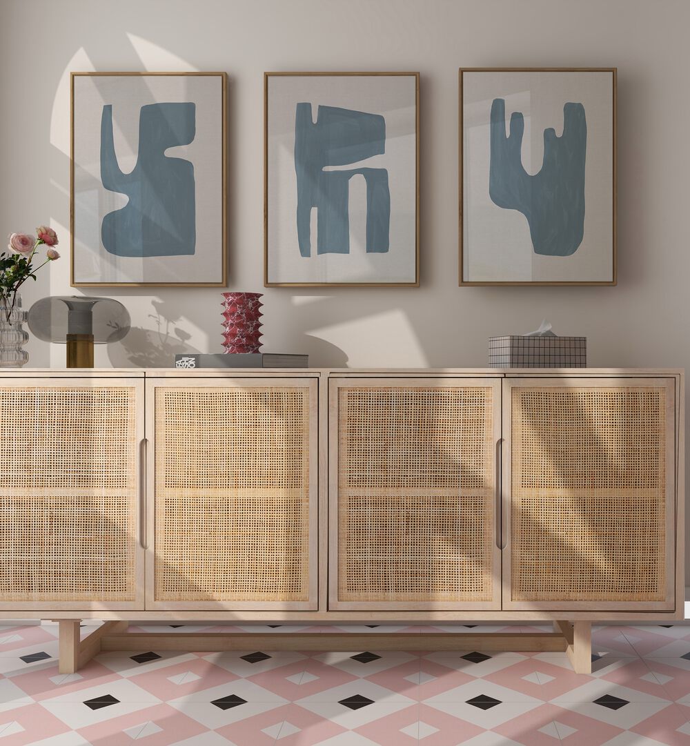 Elevate your space with the BLUE GEOMETRICAL ABSTRACT, SET OF 3 PAINTINGS featuring modern blue geometric designs.