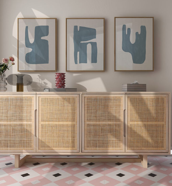 Elevate your space with the BLUE GEOMETRICAL ABSTRACT, SET OF 3 PAINTINGS featuring modern blue geometric designs.