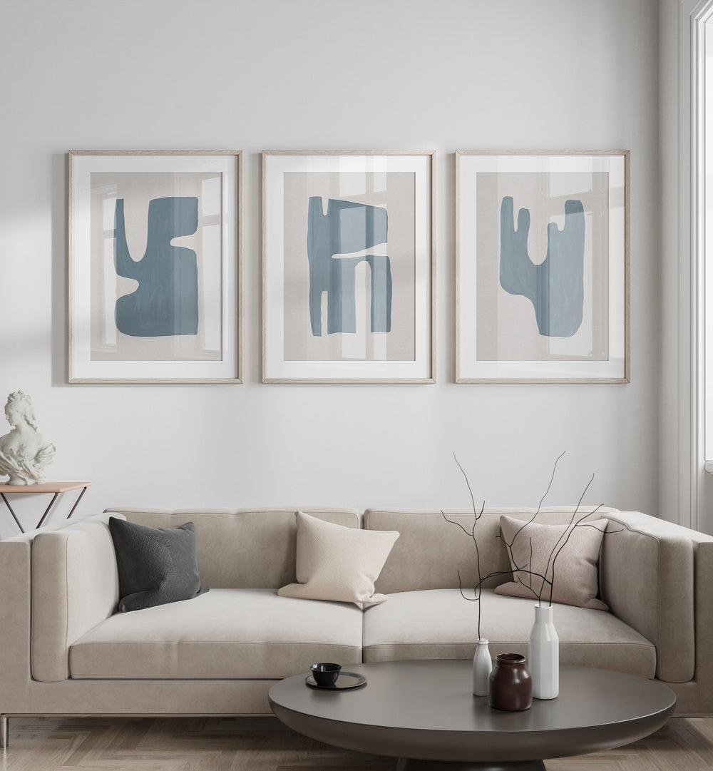 Elegant BLUE GEOMETRICAL ABSTRACT, SET OF 3 PAINTINGS, enhancing modern home décor with vibrant blue hues and patterns.