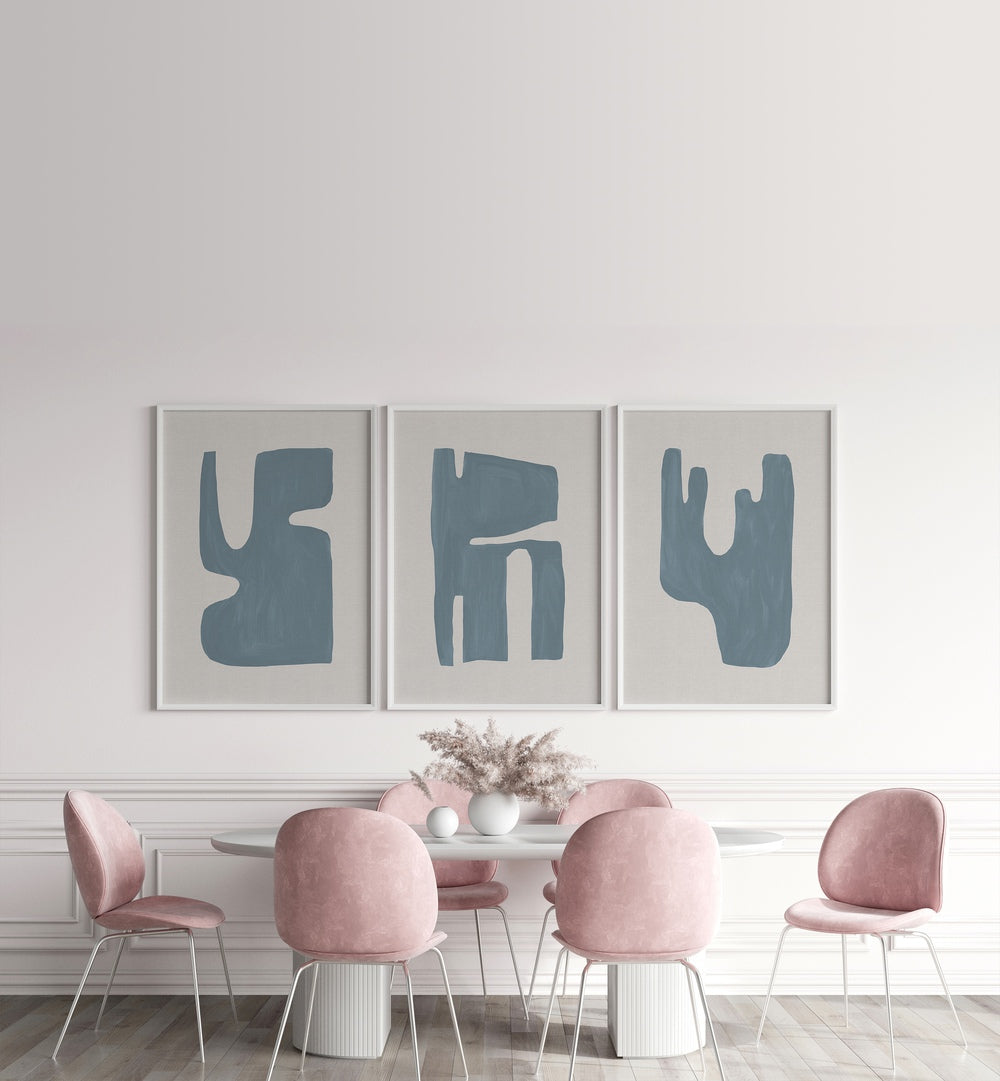 Stylish BLUE GEOMETRICAL ABSTRACT, SET OF 3 PAINTINGS enhancing modern home décor with unique geometric designs.