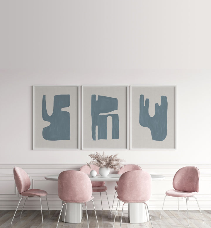 Stylish BLUE GEOMETRICAL ABSTRACT, SET OF 3 PAINTINGS enhancing modern home décor with unique geometric designs.