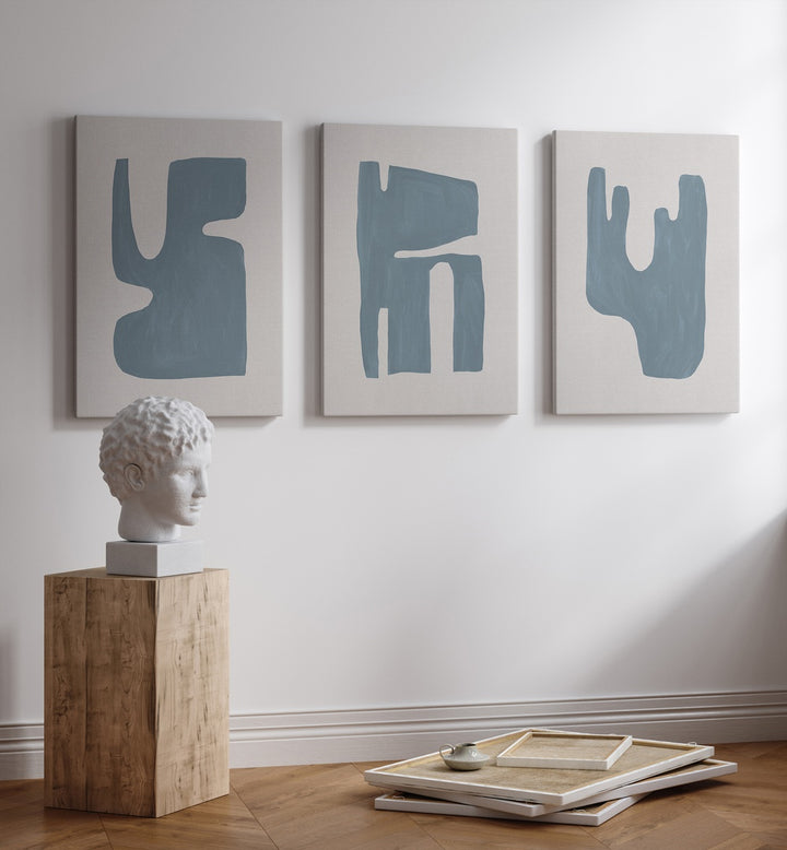 Discover the stunning BLUE GEOMETRICAL ABSTRACT, SET OF 3 PAINTINGS, perfect for elevating modern home décor.