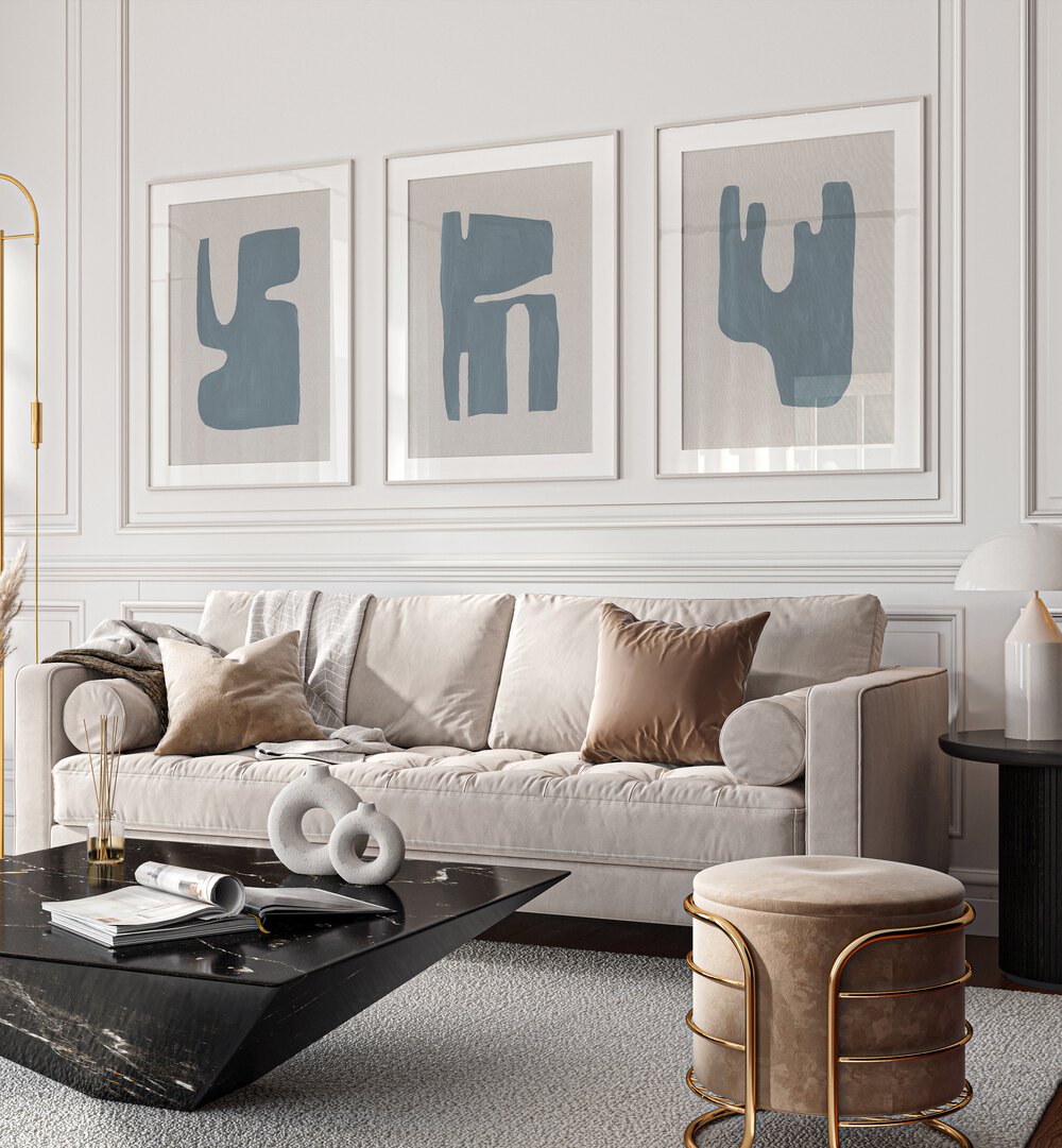 Elevate your home with the BLUE GEOMETRICAL ABSTRACT, SET OF 3 PAINTINGS showcasing modern blue geometric designs.