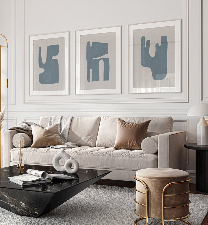 Elevate your home with the BLUE GEOMETRICAL ABSTRACT, SET OF 3 PAINTINGS showcasing modern blue geometric designs.