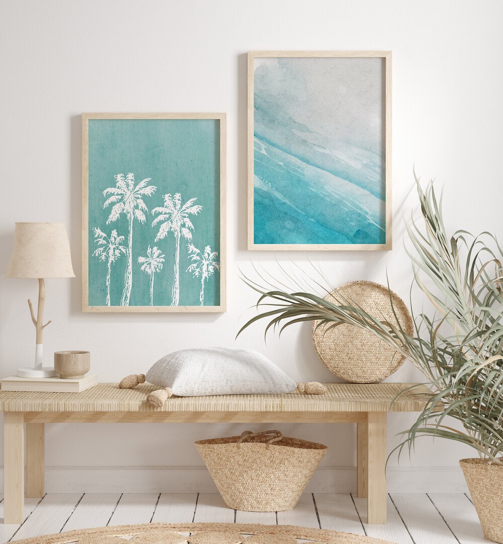 Transform your home with the BLUE OCEANIC SET, SET OF 2 PAINTINGS featuring serene palm trees and ocean hues.
