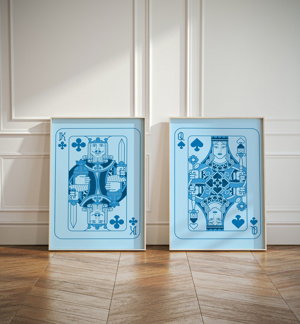 Stylish BLUE PLAYING CARDS, SET OF 2 PAINTINGS, perfect for modern decor and card enthusiasts alike.