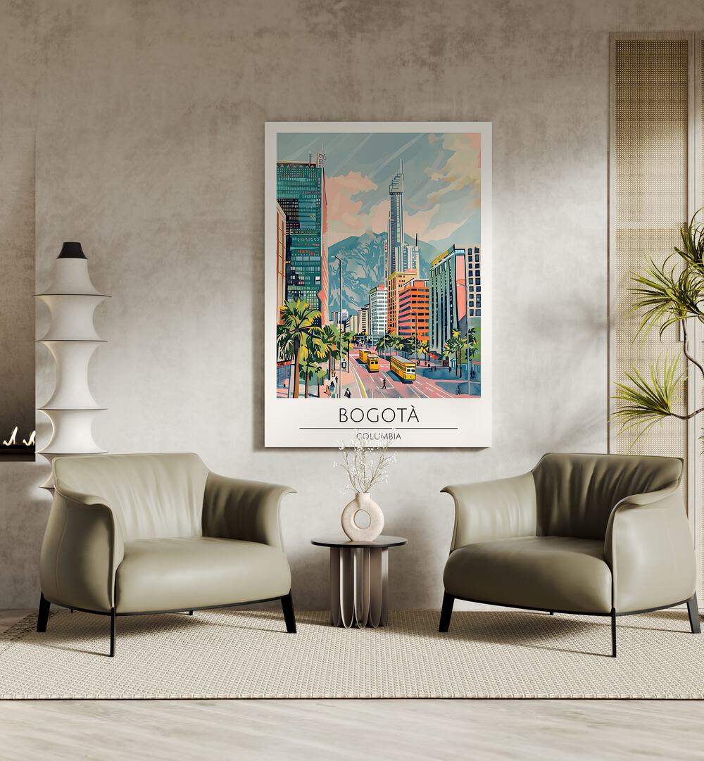 Stunning BOGOTA - COLUMBIA, TRAVEL POSTERS showcasing the vibrant city's essence in a stylish interior setting.