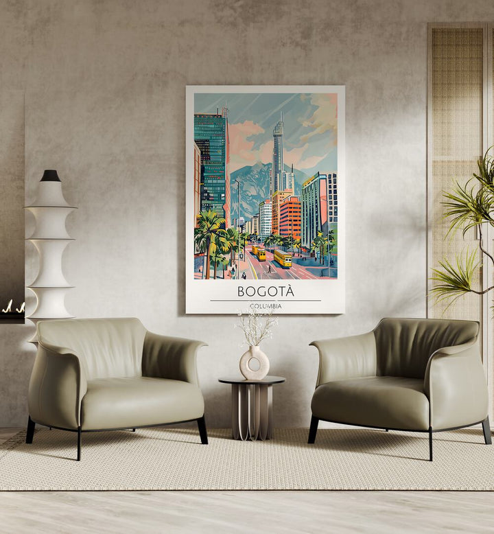 Stunning BOGOTA - COLUMBIA, TRAVEL POSTERS showcasing the vibrant city's essence in a stylish interior setting.