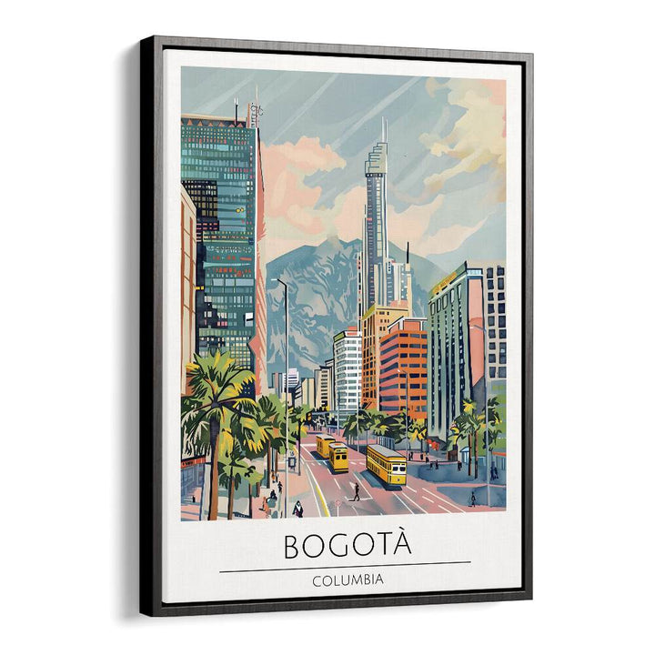 Vibrant BOGOTA - COLUMBIA, TRAVEL POSTERS artwork in a black floater frame, perfect for enhancing any space.