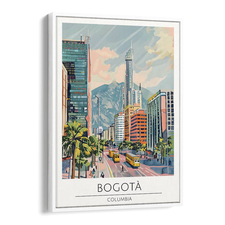 Vibrant BOGOTA - COLUMBIA, TRAVEL POSTERS in a white floater frame, perfect for enhancing any space.