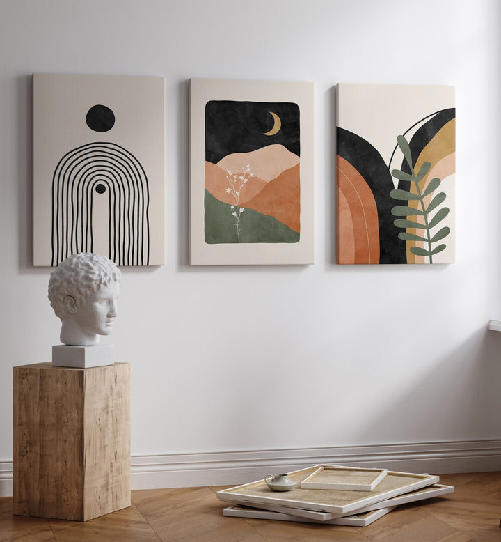 Transform your home with the BOHO THEME, SET OF 3 PAINTINGS, showcasing modern artistry and nature-inspired designs.
