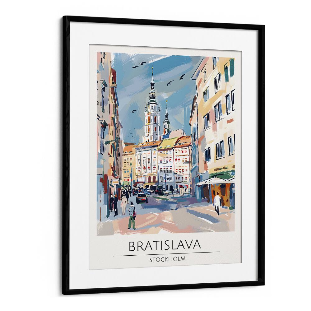 Stylish BRATISLAVA - STOCKHOLM Travel Posters in a black frame, perfect for enhancing your home decor.