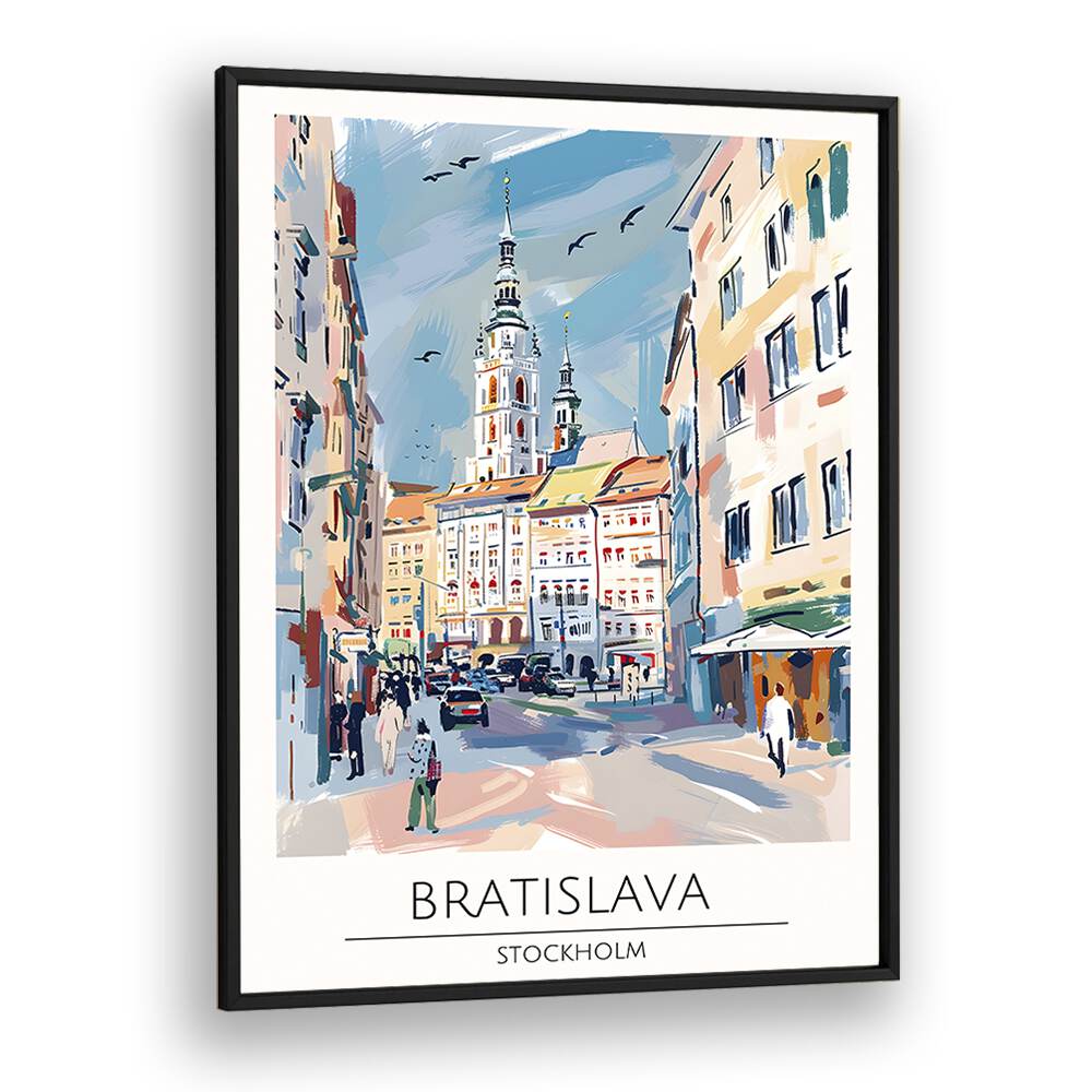 Stunning BRATISLAVA - STOCKHOLM Travel Posters in a sleek black frame, perfect for enhancing your living space.