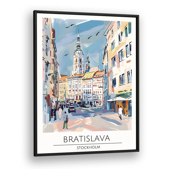 Stunning BRATISLAVA - STOCKHOLM Travel Posters in a sleek black frame, perfect for enhancing your living space.