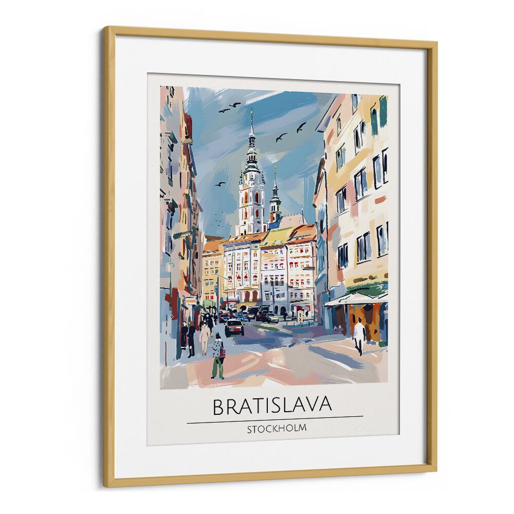 Stylish BRATISLAVA - STOCKHOLM Travel Posters in an oak frame, perfect for enhancing your living space decor.