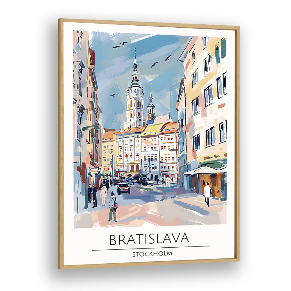 Stylish BRATISLAVA - STOCKHOLM Travel Posters framed in oak, perfect for creating an adventurous home gallery.