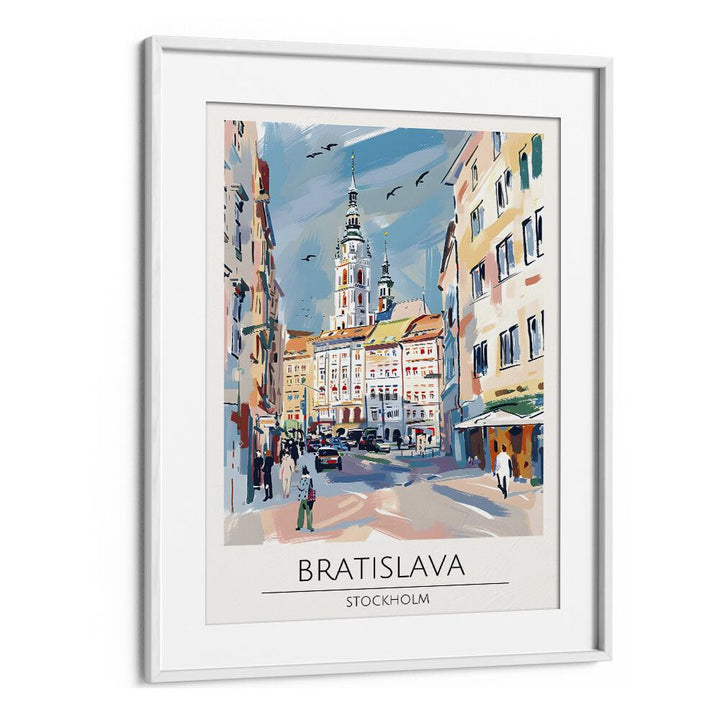 Stylish BRATISLAVA - STOCKHOLM, TRAVEL POSTERS in a white frame, perfect for enhancing your home decor.
