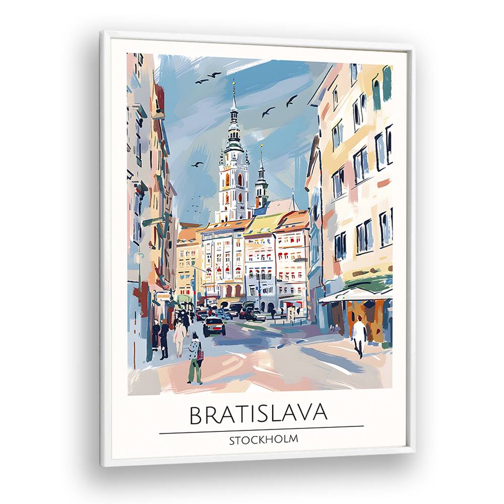 Stylish BRATISLAVA - STOCKHOLM Travel Posters in a white frame, perfect for decorating your living space.