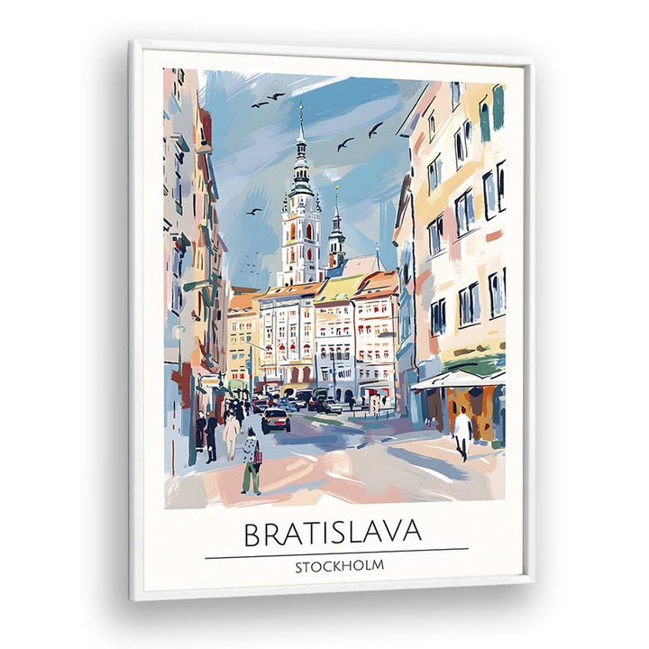 Stylish BRATISLAVA - STOCKHOLM Travel Posters in a white frame, perfect for decorating your living space.
