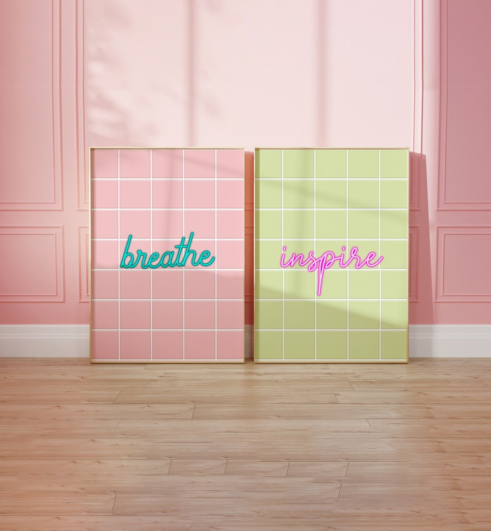 BREATHE & INSPIRE set of 2 paintings in pastel tones for a motivational and calming home decor.