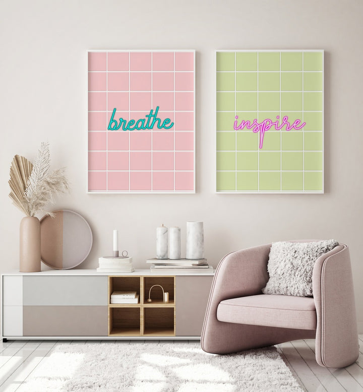 BREATHE & INSPIRE set of 2 paintings features calming pastel colors for a motivational home decor touch.