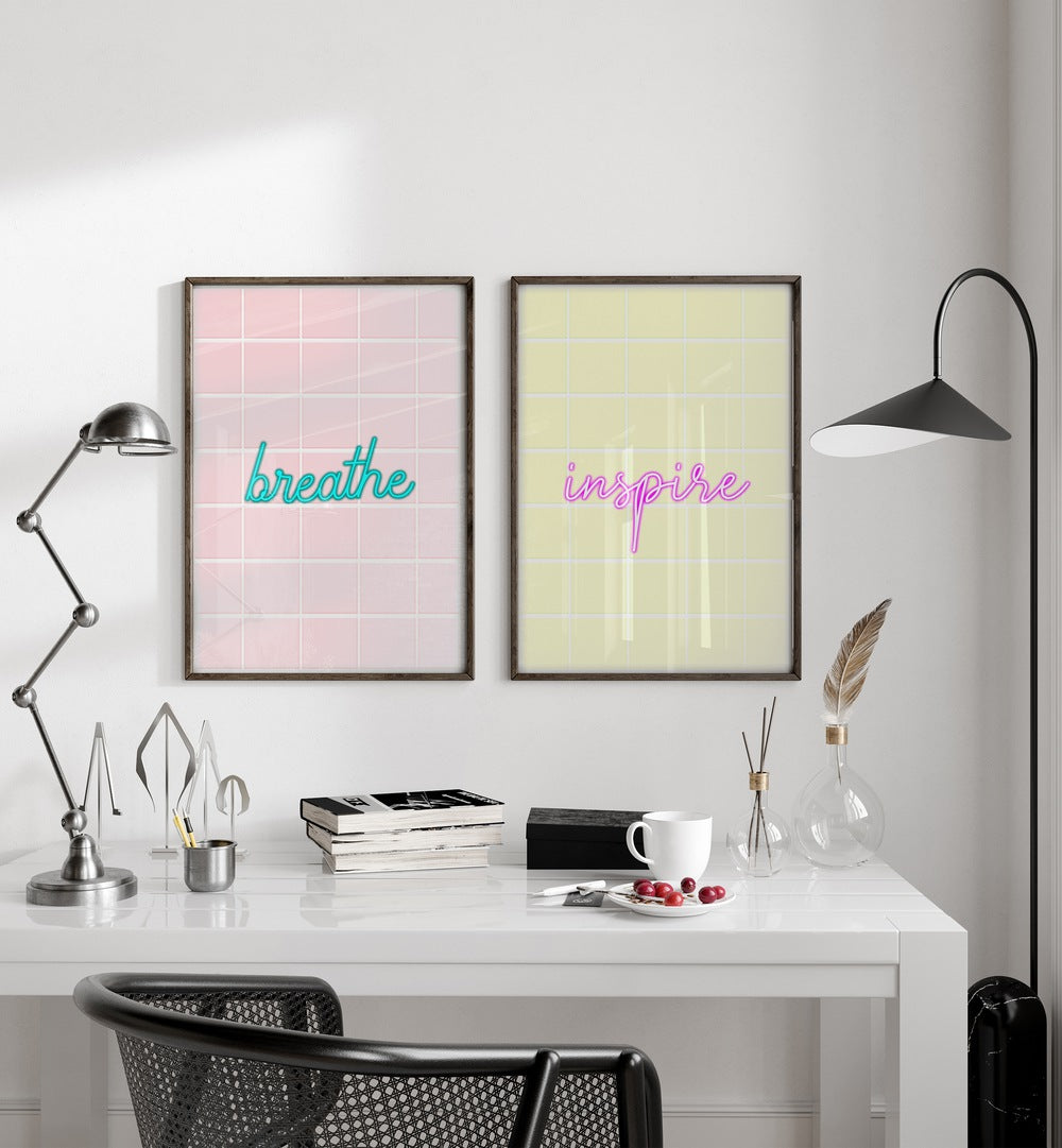 BREATHE & INSPIRE set of 2 paintings in pastel tones, perfect for uplifting your space with motivation.