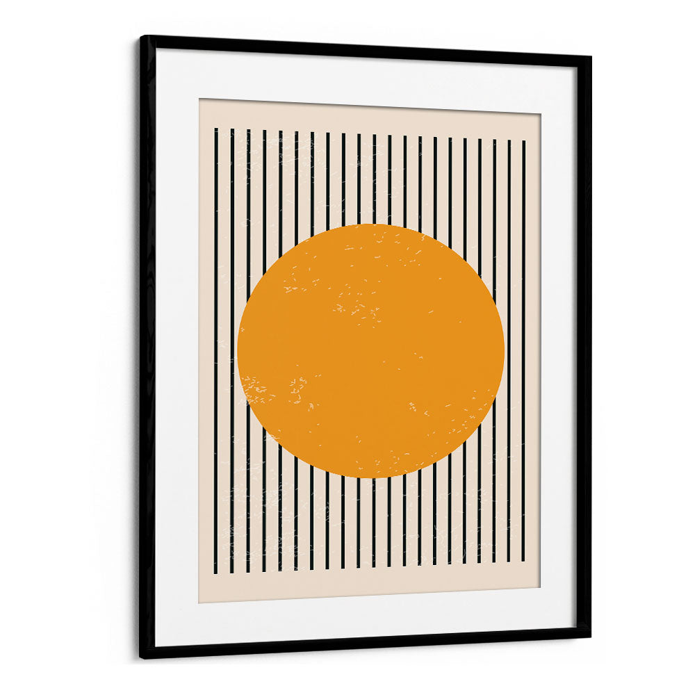 Bright Minimal Series IV, Boho art paintings featuring a bold orange circle and black stripes in a sleek frame.
