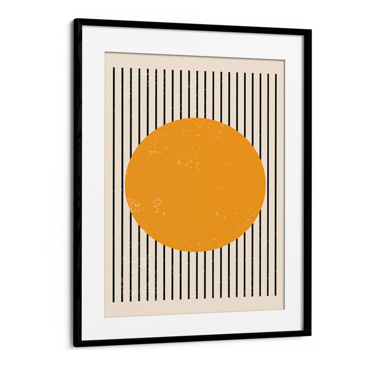 Bright Minimal Series IV, Boho art paintings featuring a bold orange circle and black stripes in a sleek frame.