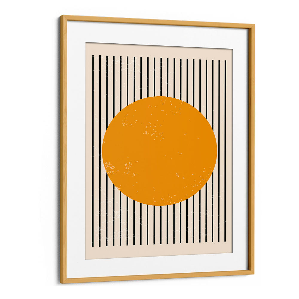 Stylish BRIGHT MINIMAL SERIES IV, BOHO ART PAINTINGS featuring a vibrant orange circle in a chic oak frame by Jay Stanley.