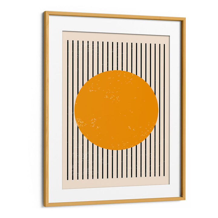 Stylish BRIGHT MINIMAL SERIES IV, BOHO ART PAINTINGS featuring a vibrant orange circle in a chic oak frame by Jay Stanley.