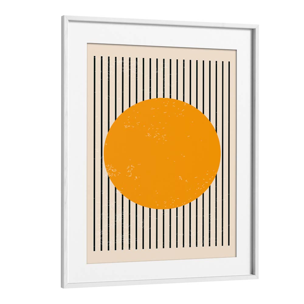 Bright Minimal Series IV, Boho Art Paintings featuring a vibrant orange circle in a white frame by Jay Stanley.