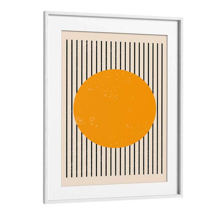 Bright Minimal Series IV, Boho Art Paintings featuring a vibrant orange circle in a white frame by Jay Stanley.