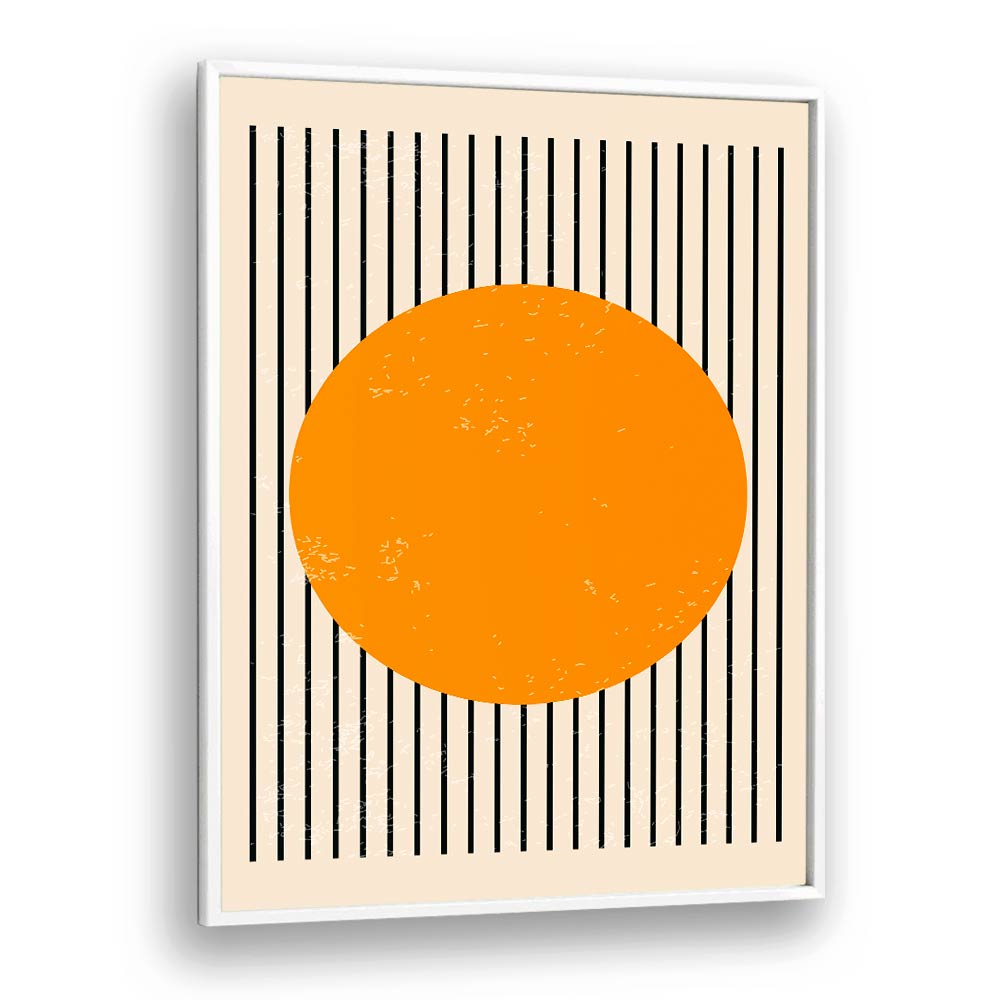 Vibrant orange circle against striped background in BRIGHT MINIMAL SERIES IV, BOHO ART PAINTINGS by Jay Stanley.