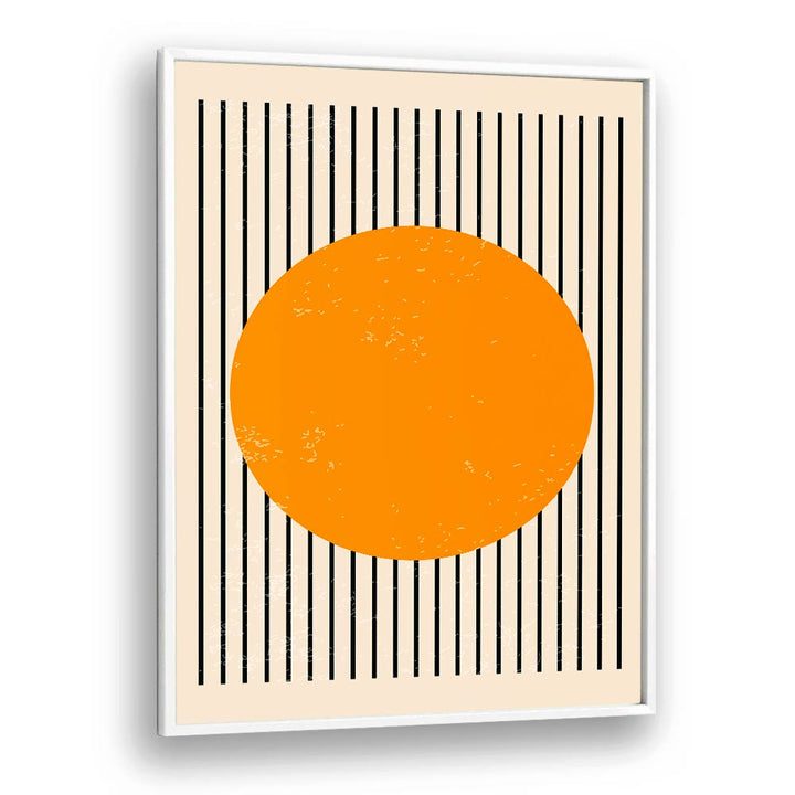 Vibrant orange circle against striped background in BRIGHT MINIMAL SERIES IV, BOHO ART PAINTINGS by Jay Stanley.