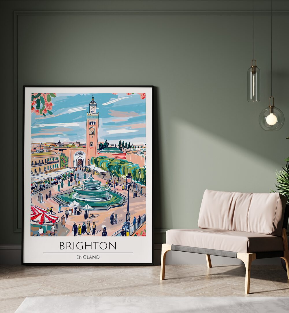 Vibrant BRIGHTON - ENGLAND, TRAVEL POSTERS art print showcasing the lively cityscape and its charm.
