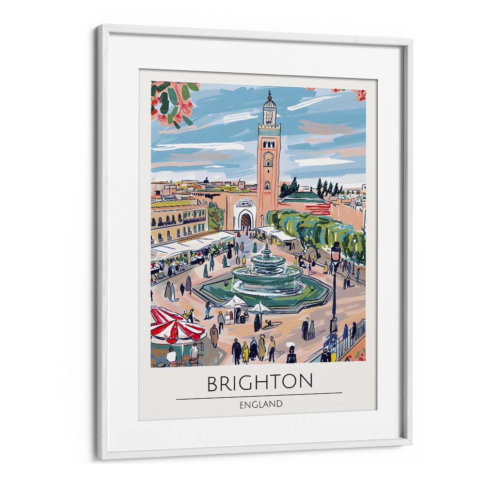 Stylish BRIGHTON - ENGLAND, TRAVEL POSTERS in a white frame, capturing the charm of Brighton's vibrant seaside.