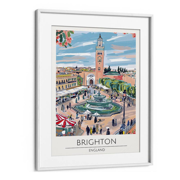 Stylish BRIGHTON - ENGLAND, TRAVEL POSTERS in a white frame, capturing the charm of Brighton's vibrant seaside.