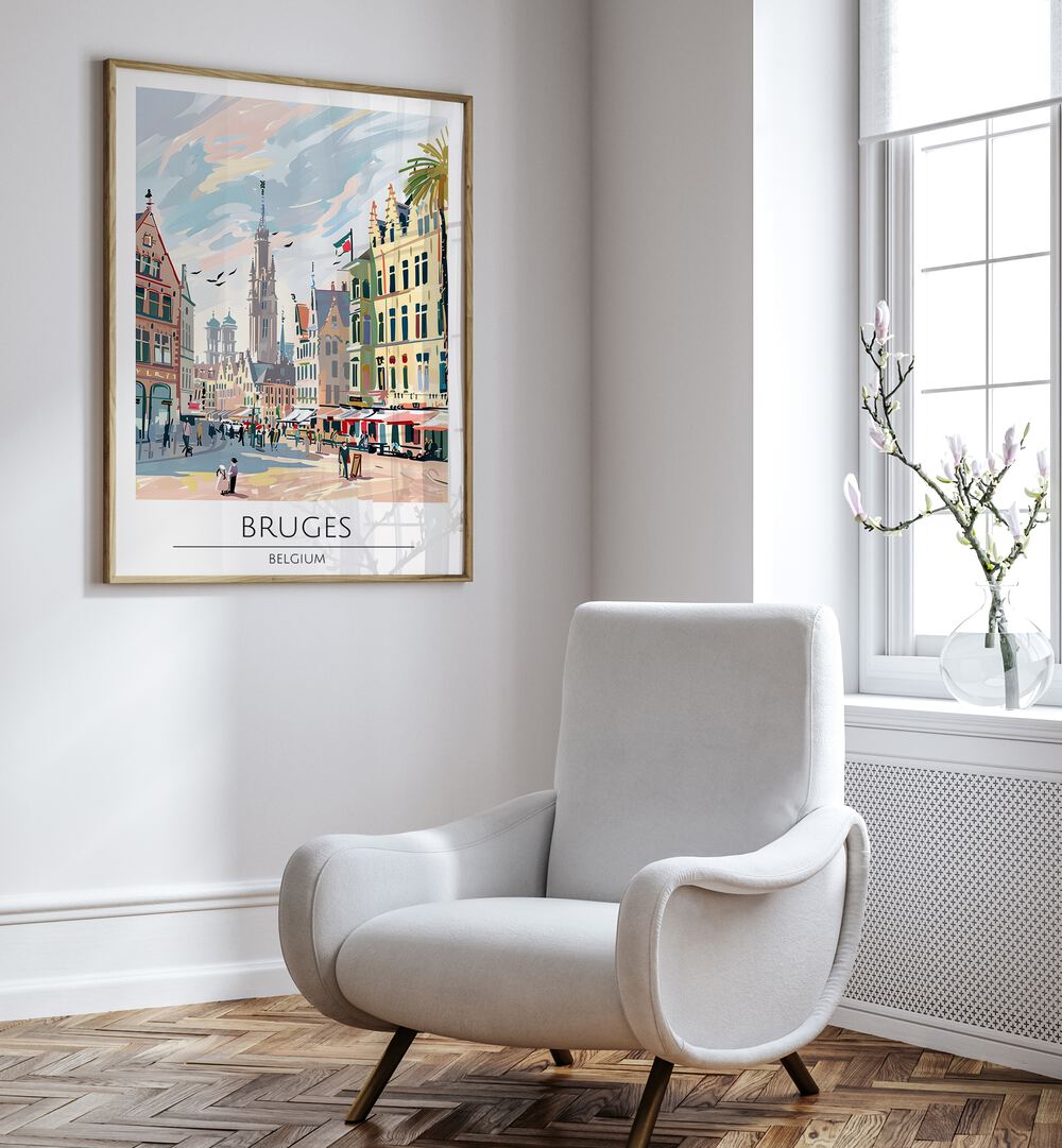 Stylish interior featuring BRUGES - BELGIUM, TRAVEL POSTERS, showcasing the charm of Bruges in vibrant artwork.