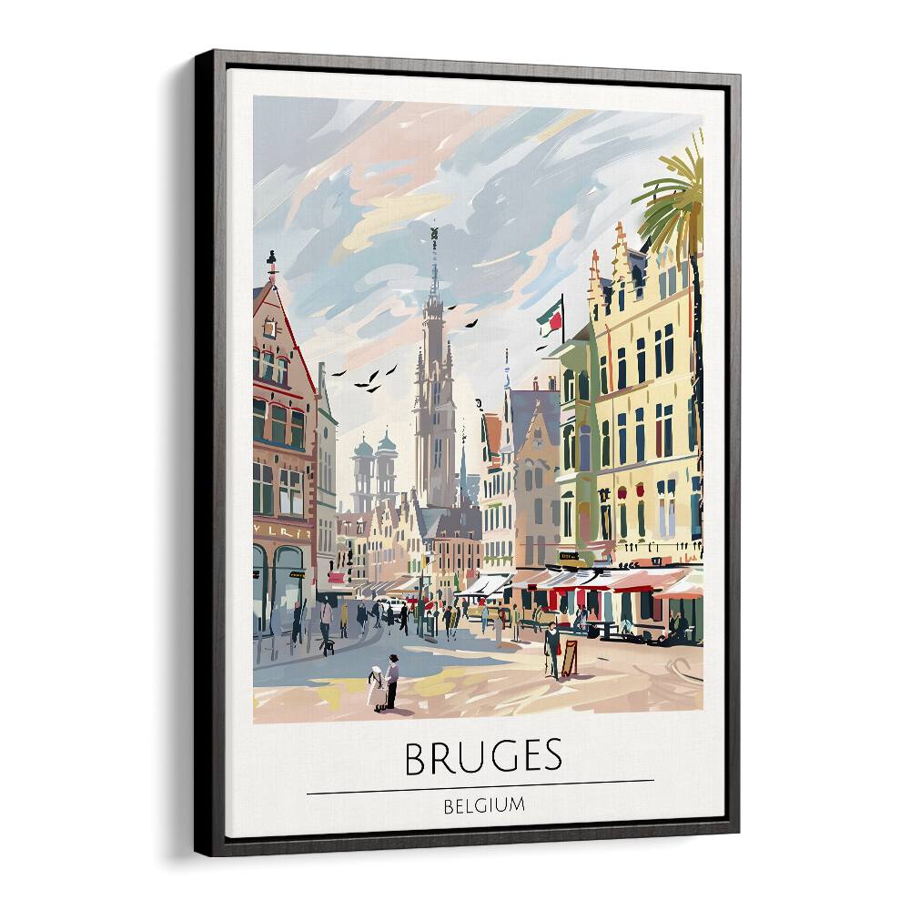 Stunning BRUGES - BELGIUM, TRAVEL POSTERS in a black floater frame, showcasing the charm of Bruges' architecture.
