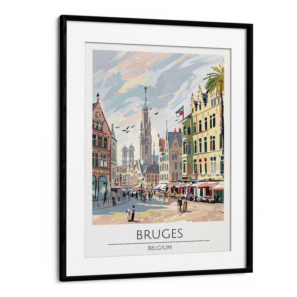 Stylish BRUGES - BELGIUM, TRAVEL POSTERS in a black frame, showcasing the enchanting beauty of Bruges' architecture.