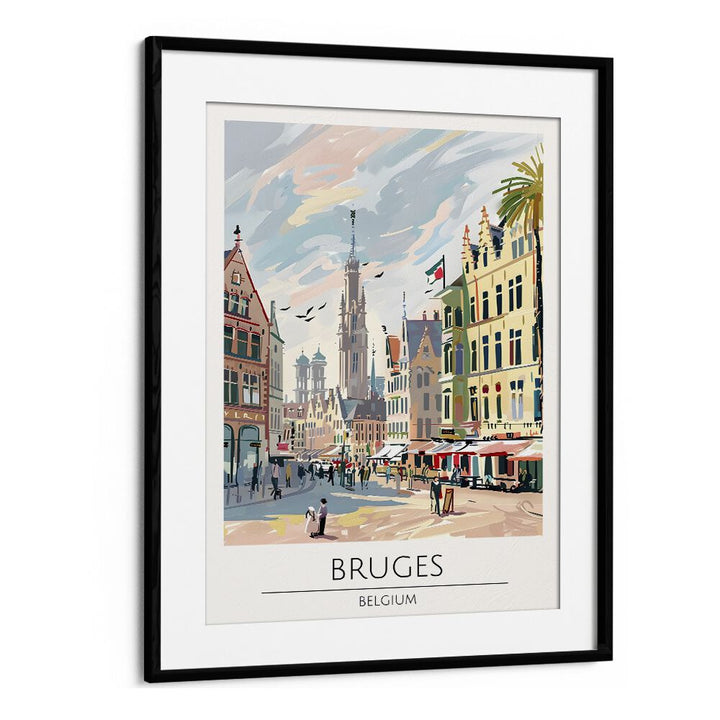 Stylish BRUGES - BELGIUM, TRAVEL POSTERS in a black frame, showcasing the enchanting beauty of Bruges' architecture.