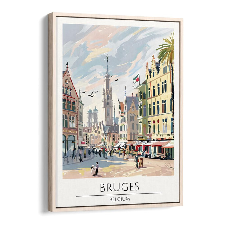 Charming BRUGES - BELGIUM, TRAVEL POSTERS in an oak wood frame, perfect for any travel enthusiast's decor.