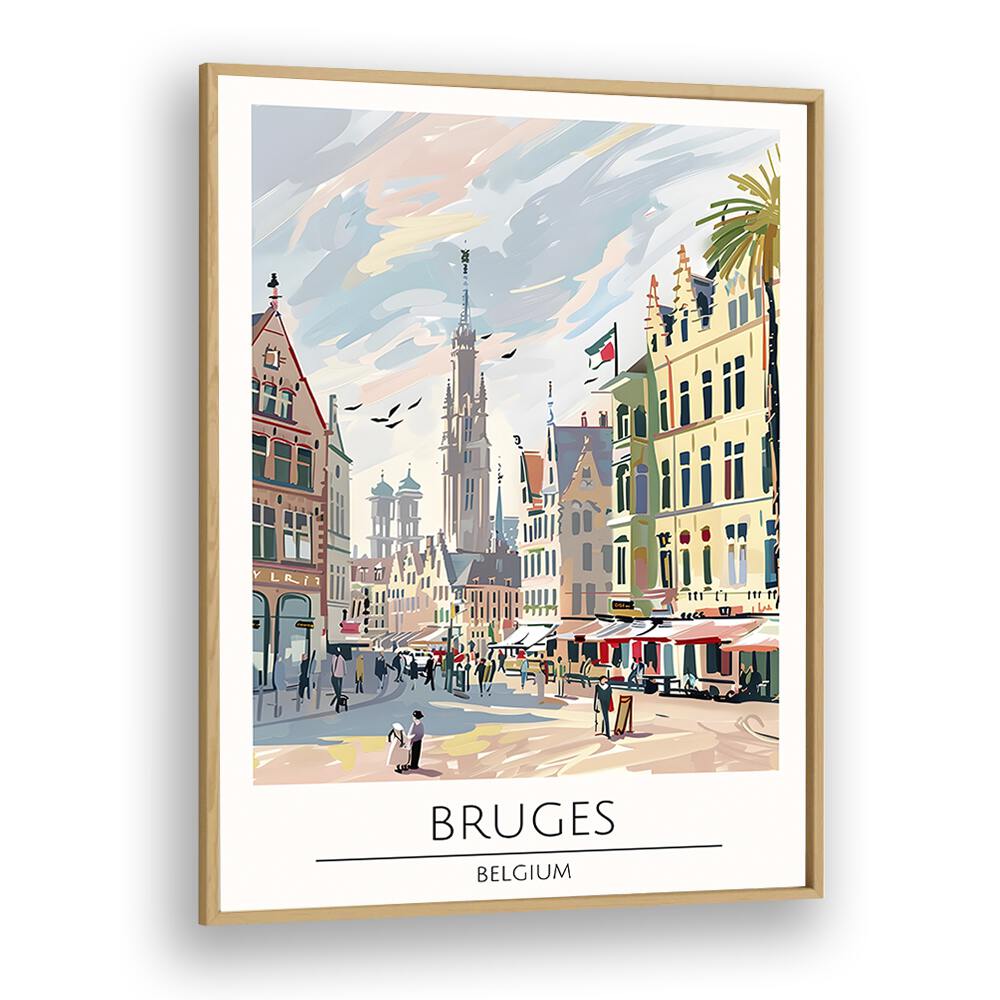 Stunning BRUGES - BELGIUM, TRAVEL POSTERS in a classic oak frame, capturing the city's enchanting beauty.