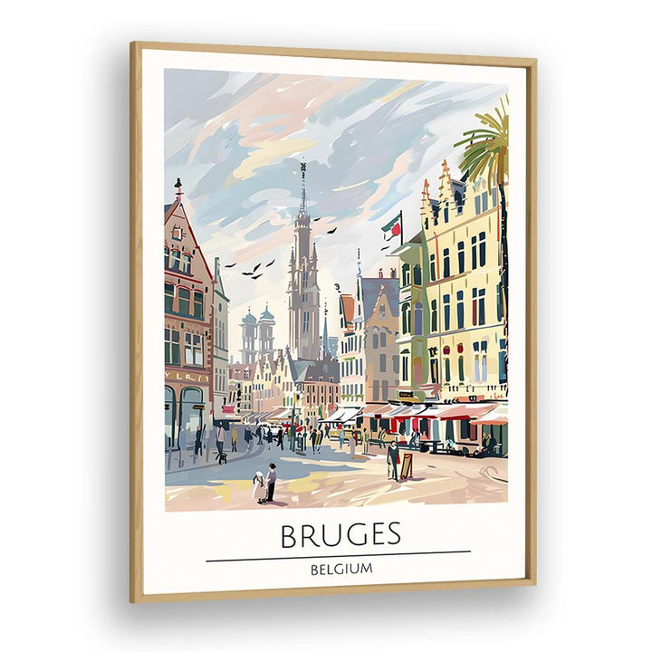 Stunning BRUGES - BELGIUM, TRAVEL POSTERS in a classic oak frame, capturing the city's enchanting beauty.