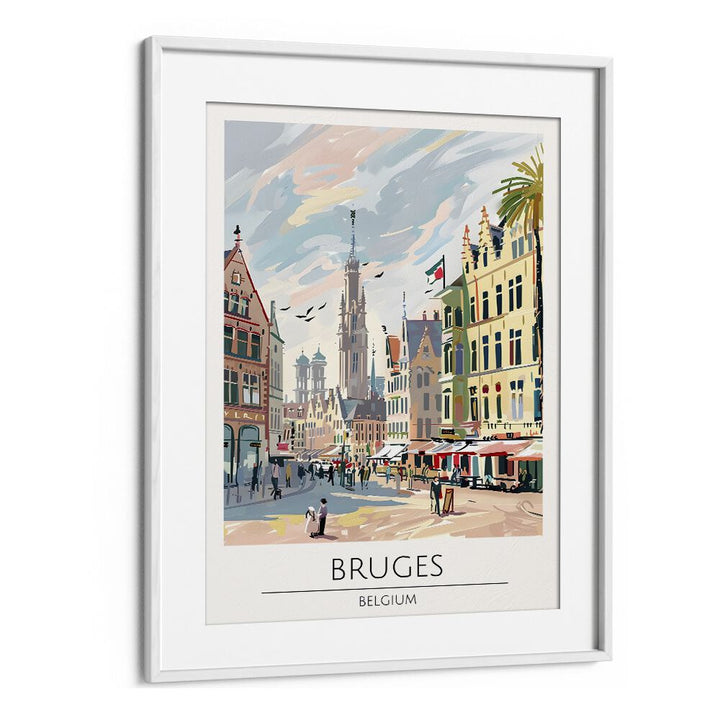 Stunning BRUGES - BELGIUM, TRAVEL POSTERS in a white frame, capturing the charm of this enchanting city.