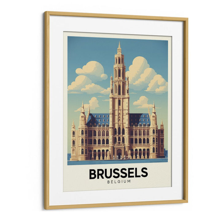 Stunning BRUSSELS - BELGIUM-II, TRAVEL POSTERS in an elegant oak frame, showcasing the city's historical charm.